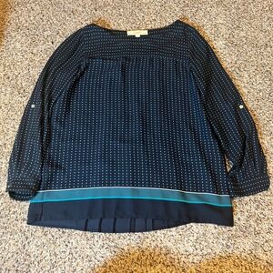 LOFT PETITES Navy Blue Teal Dot Print Long Sleeve Pleated Hem Top